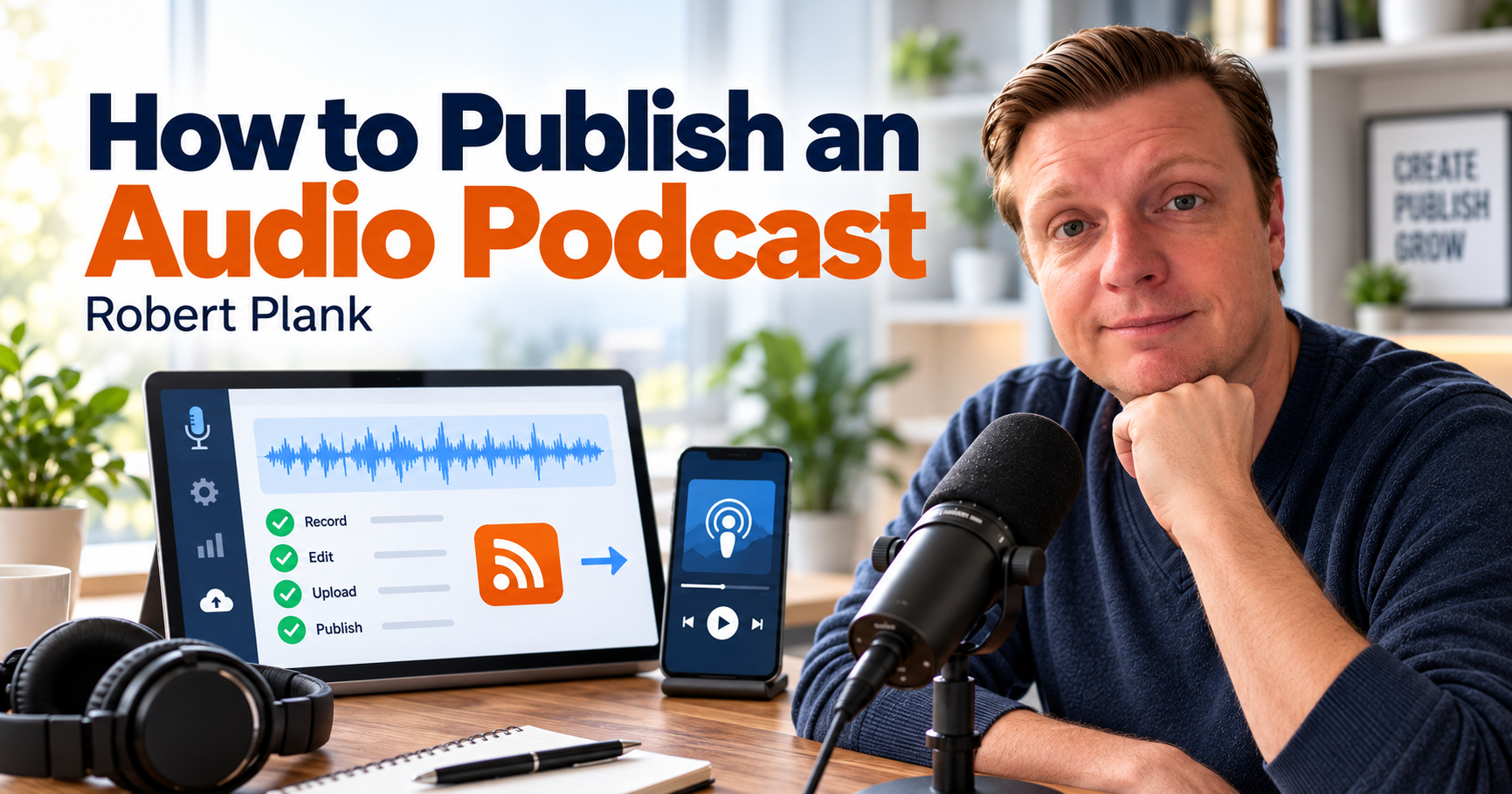 Robert Plank at a microphone beside “How to Publish an Audio Podcast,” an audio publishing checklist, RSS symbol, and podcast player.