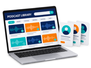 Illustration of a searchable podcast website and guest directory.