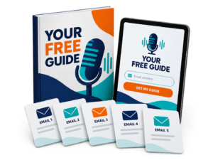 Illustration of a free guide, signup page, and five subscriber follow-up emails.