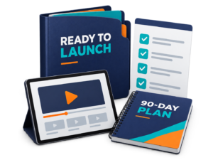 Illustration of a launch folder, approval checklist, training video, and 90-day plan.