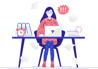 Illustration of a woman working on a laptop at a desk, surrounded by papers.