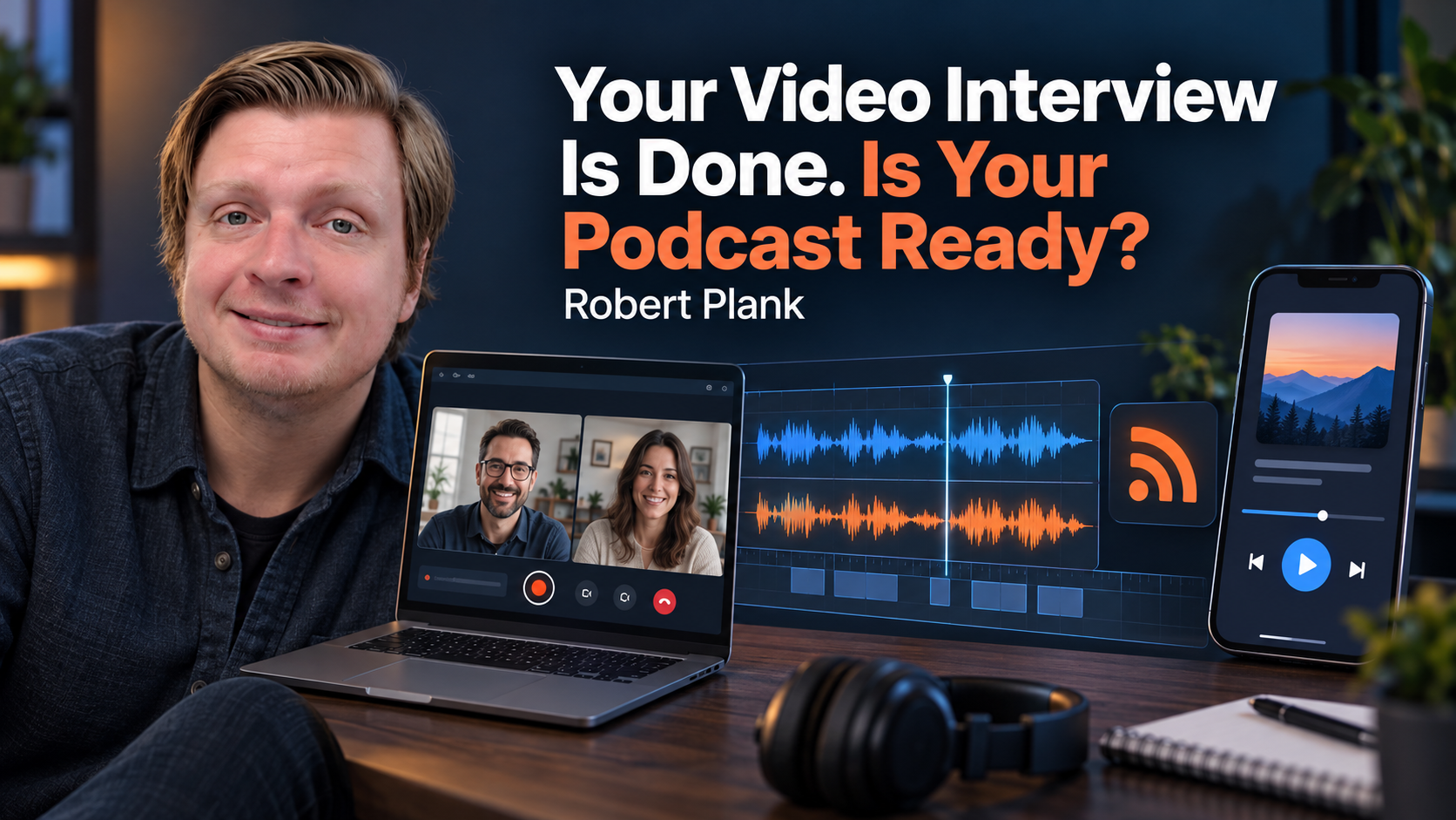 Robert Plank beside “Your Video Interview Is Done. Is Your Podcast Ready?” with a video call, separate audio tracks, an RSS icon, and a podcast player.