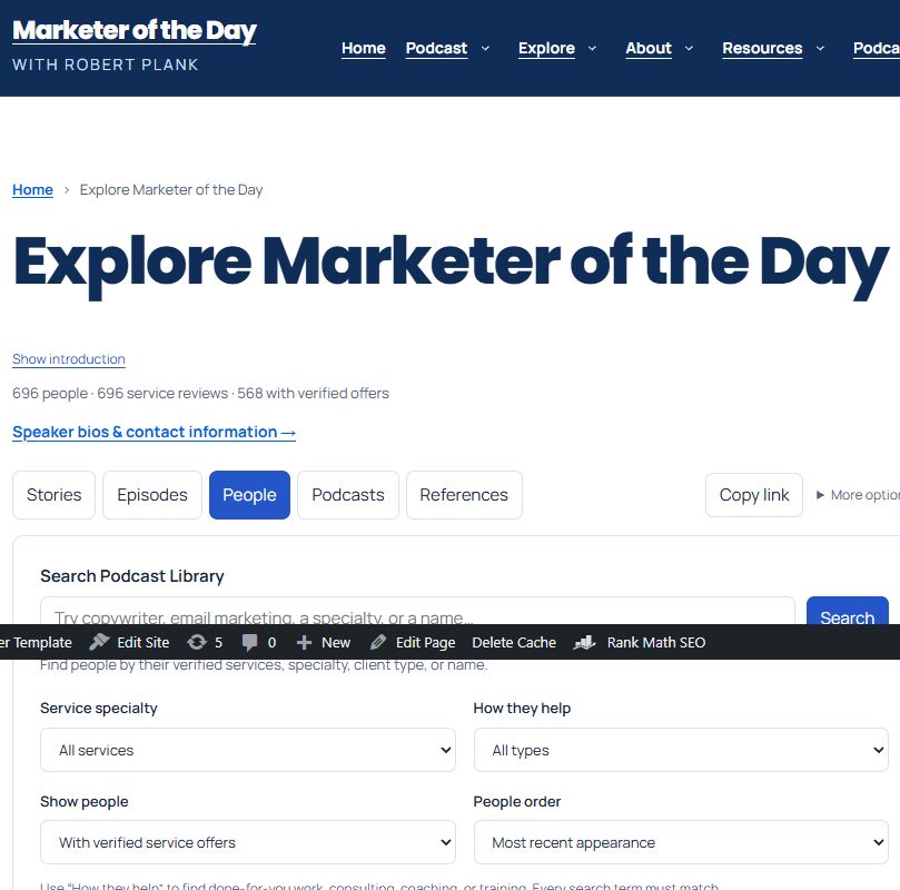 The Marketer of the Day directory with service filters, guest information and links to hosted podcasts.