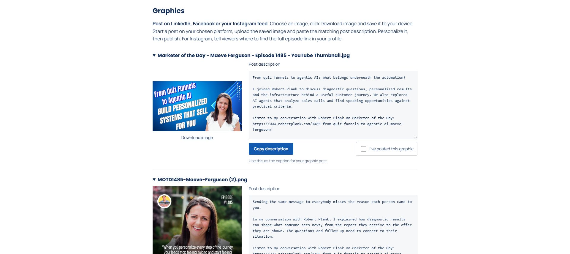 Example episode sharing materials with branded graphics and ready-to-use social copy for Maeve Ferguson.